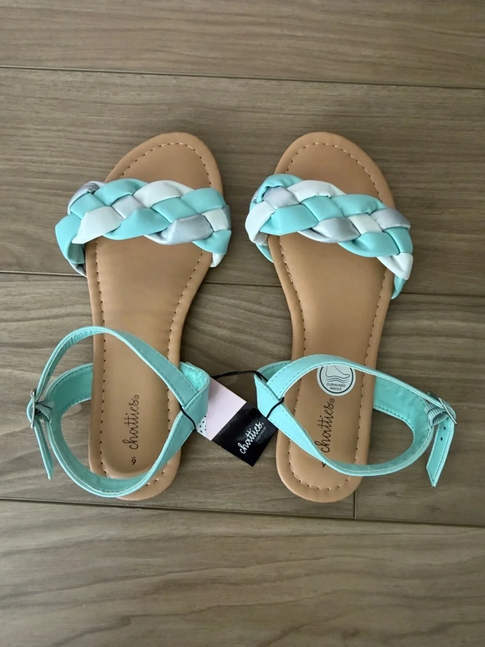 Mint, White & Silver Braided Ankle Strap Sandals